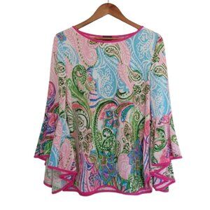 COCO BIANCO Top Women's Colorful Vibrant Paisley Ruffle Peasant Sleeve Blouse